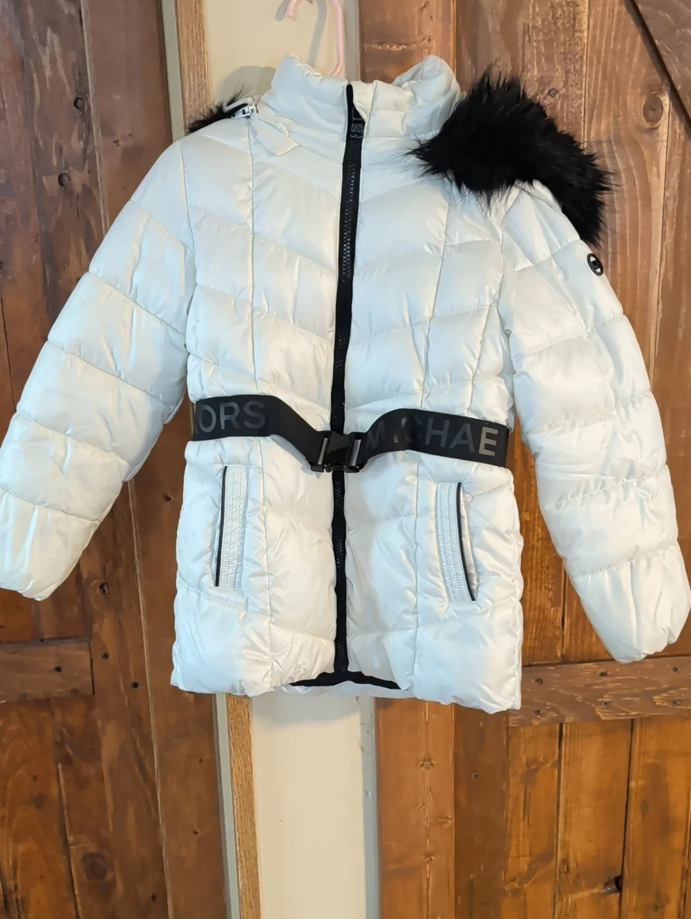 Michael Kors White Puffer Jacket with Black Fur Trim